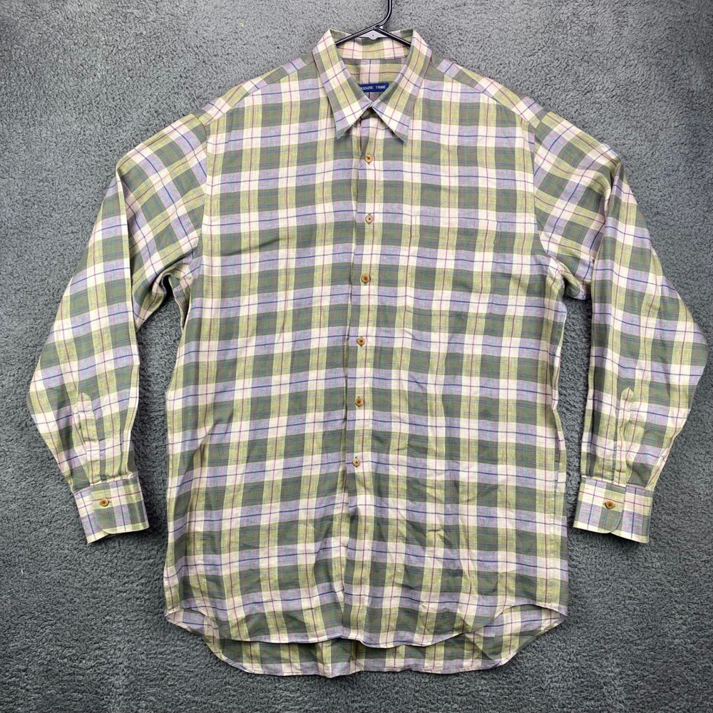 MCKENZIE TRIBE Mens Large Plaid‎ Long Sleeve 100% Linen Shirt Made in Italy